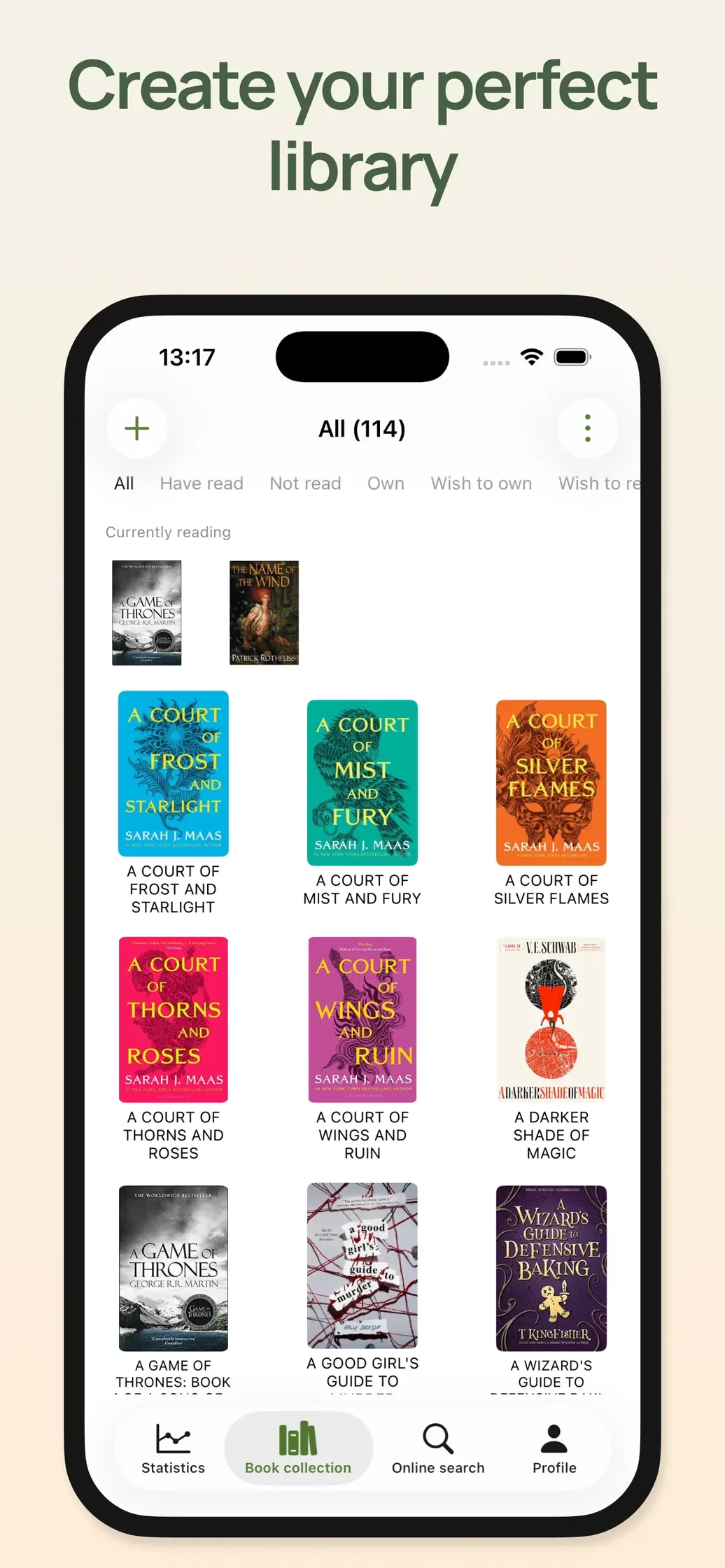 Book collection with cover gallery, currently reading shelf and filters like Have read and Wish to own