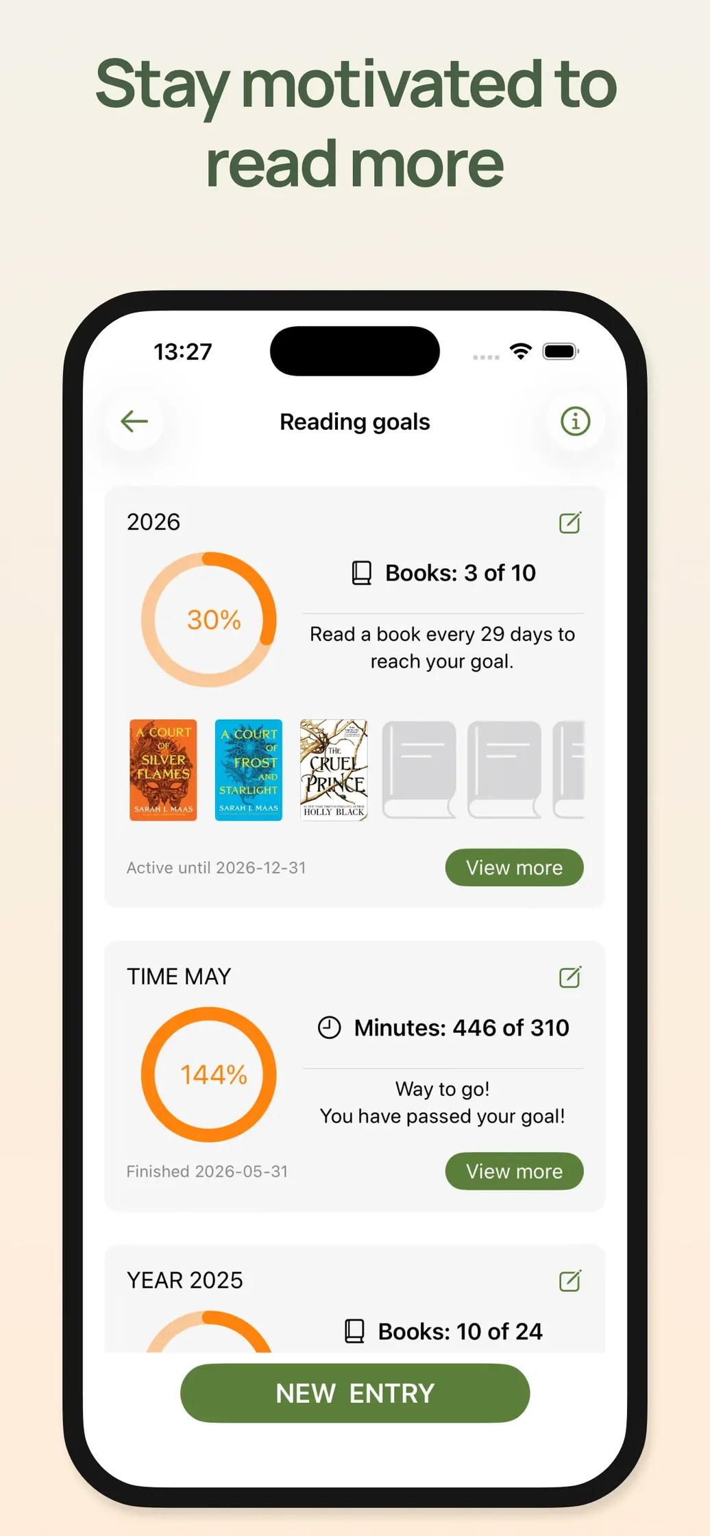 Reading goals: yearly books goal and a time goal passed at 144%
