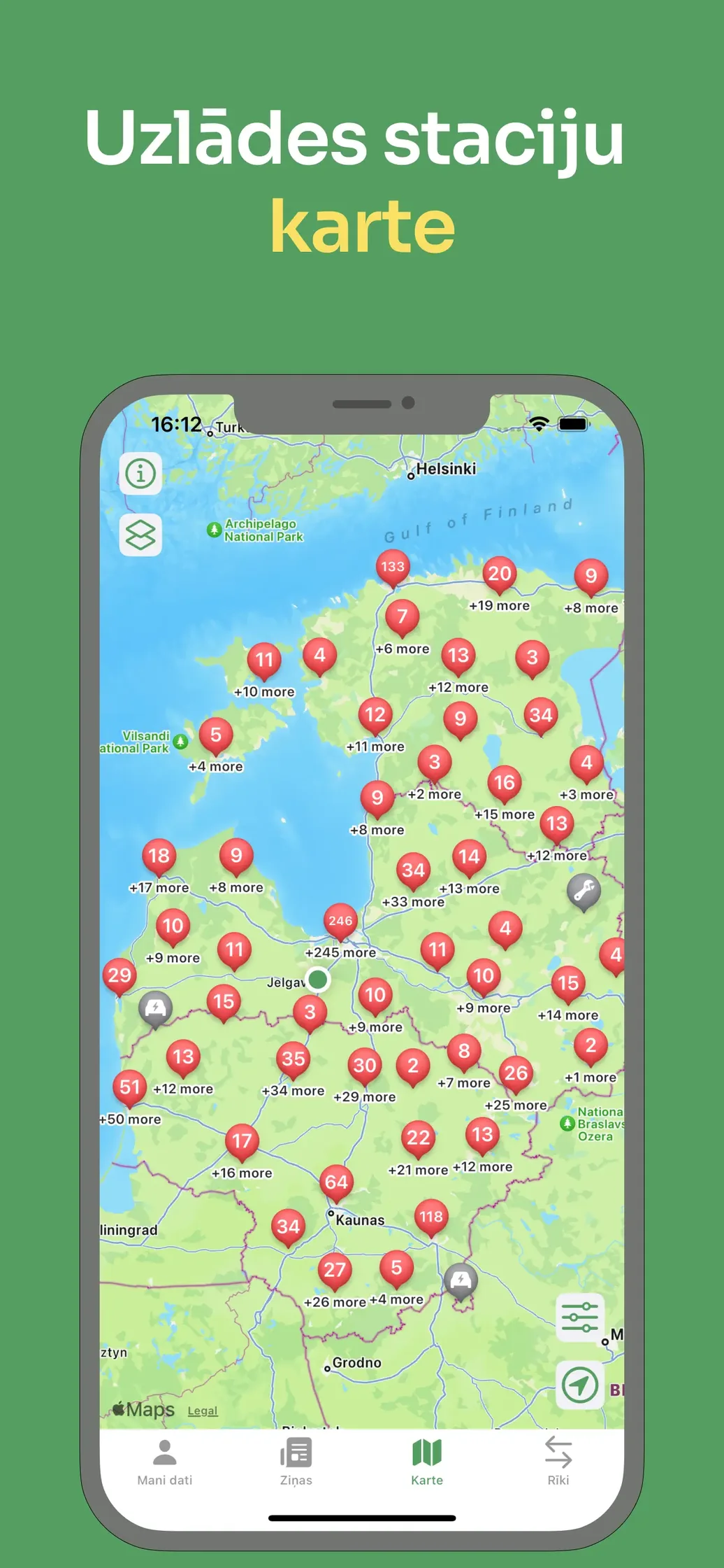 Map of charging stations across Latvia and the Baltics with clustered pins