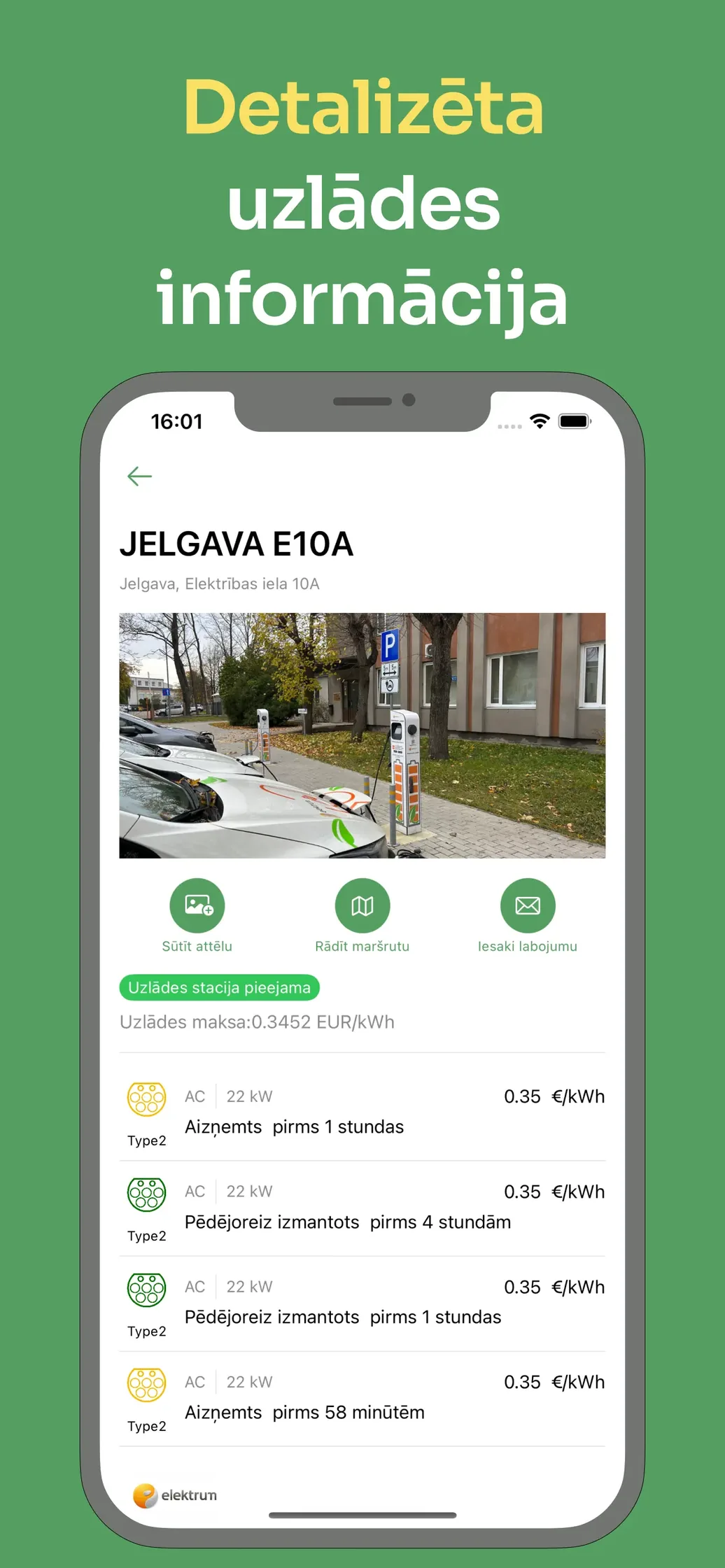 Station detail for Jelgava E10A: photo, real-time availability, price per kWh and connector statuses