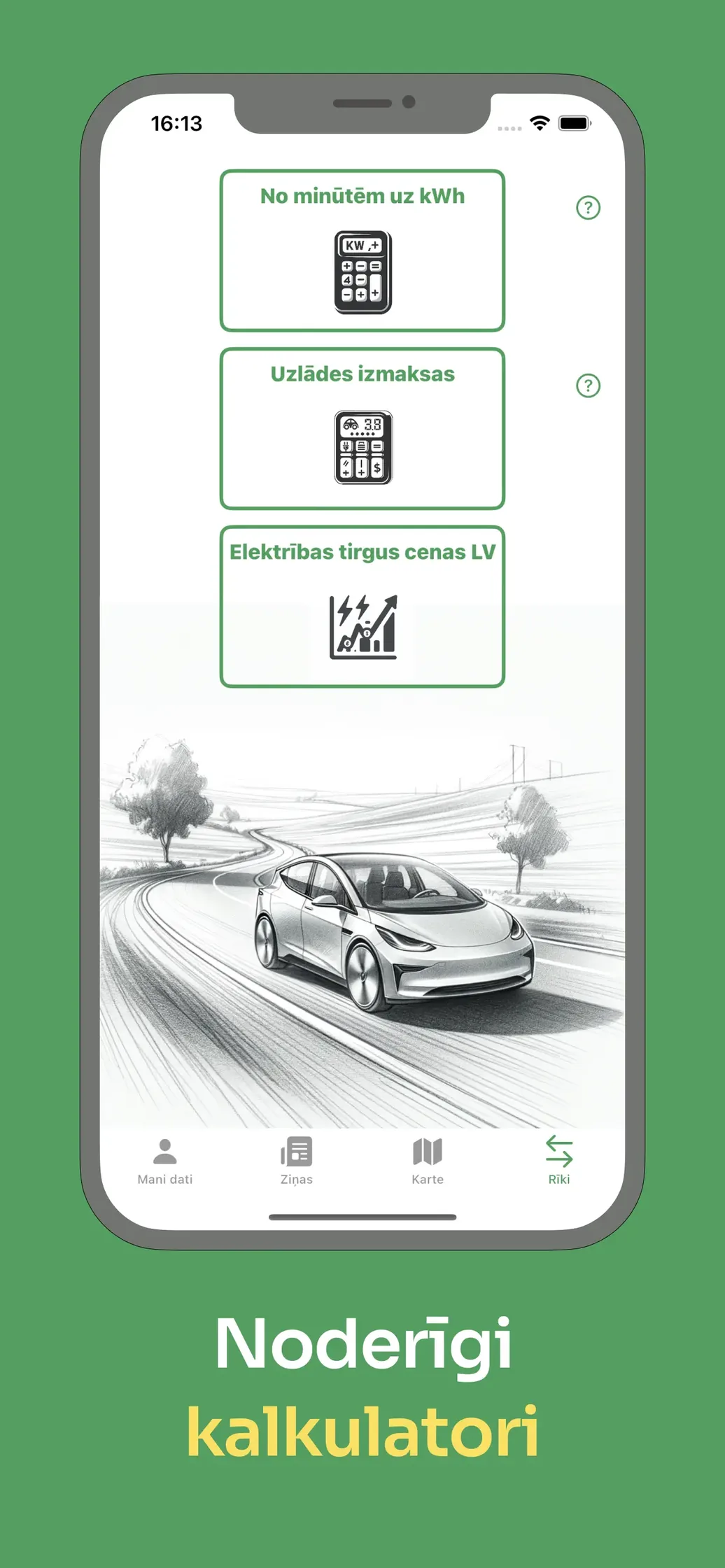 Tools screen with calculators: minutes to kWh, charging costs and Latvian electricity market prices