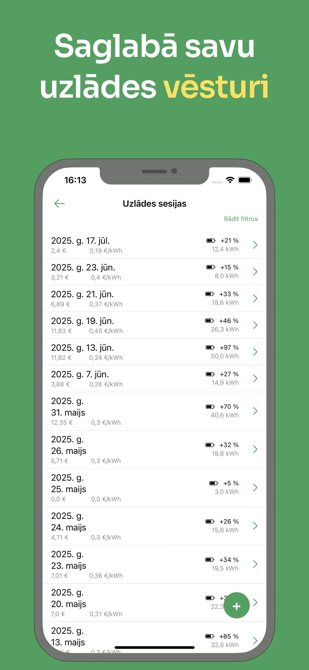 Charge log with sessions: date, cost, price per kWh, energy and battery percentage gained