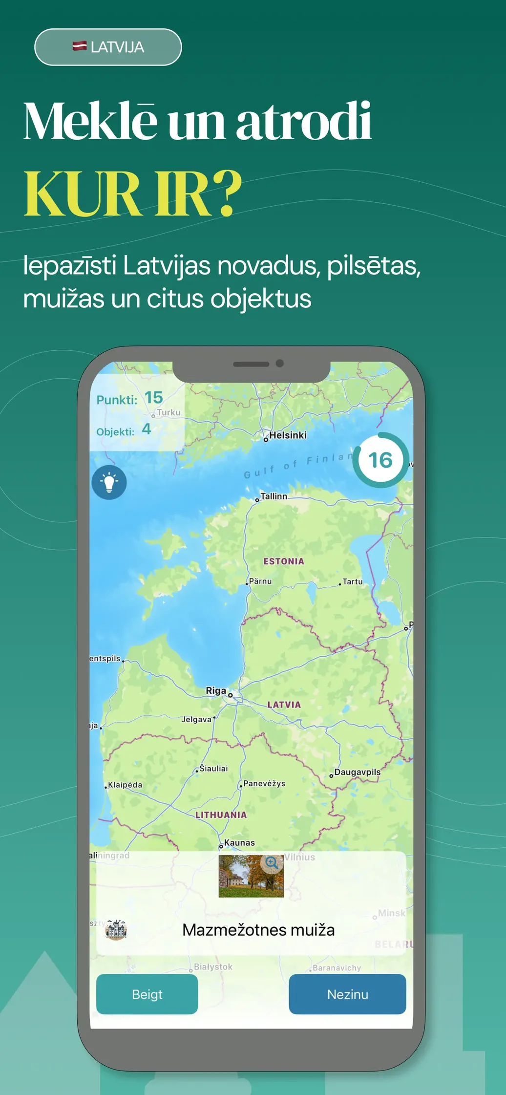 Gameplay: find Mazmežotnes manor on the map of Latvia, with points and timer