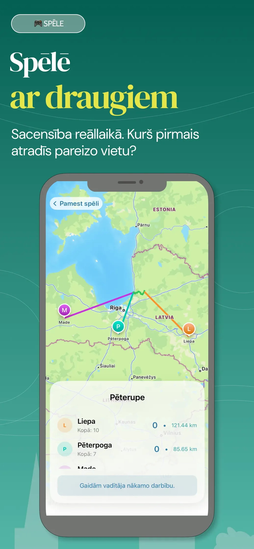 Real-time multiplayer: three players' guesses drawn on the map with distances