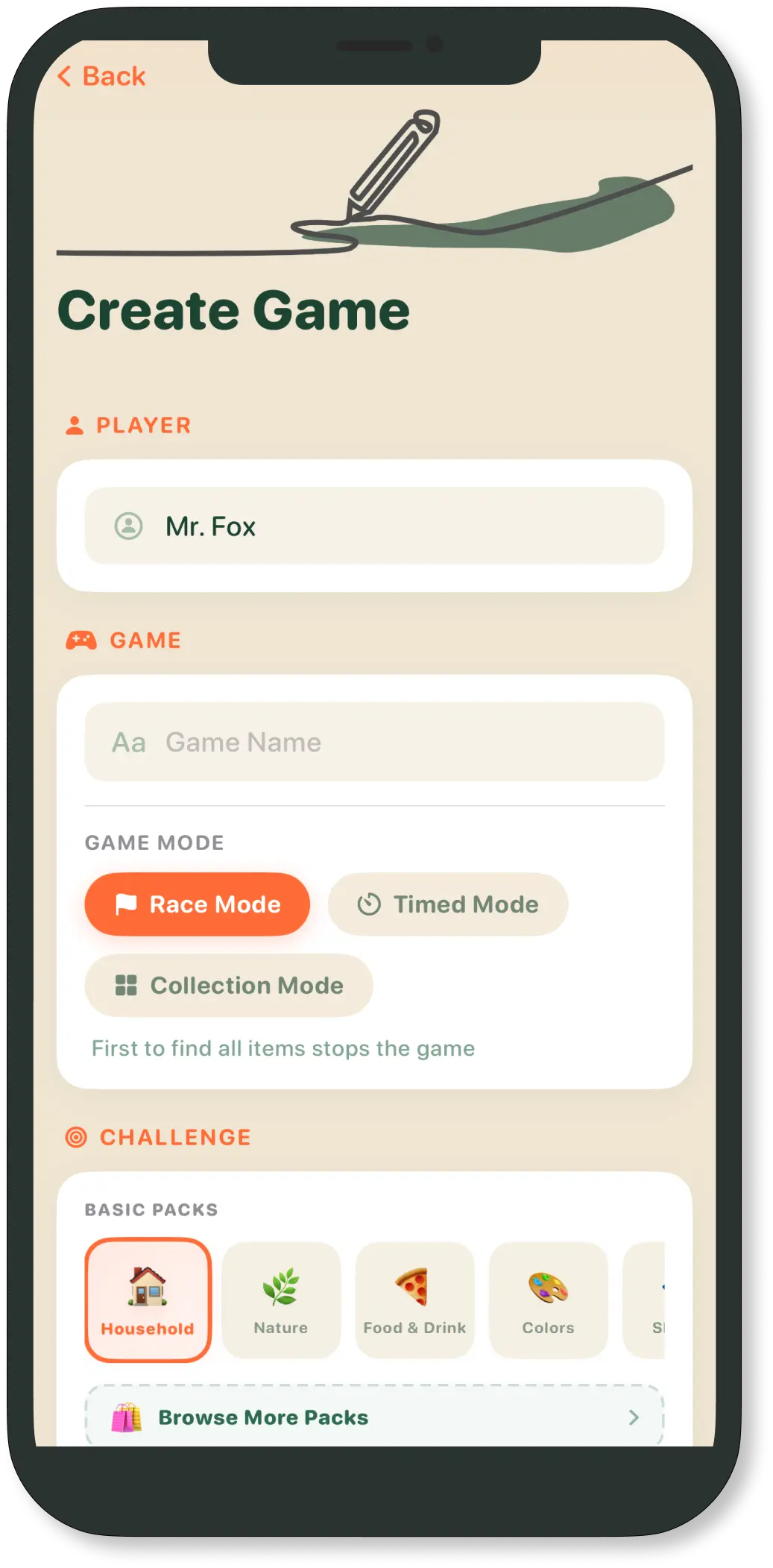 Create Game screen with Race, Timed and Collection modes and challenge packs