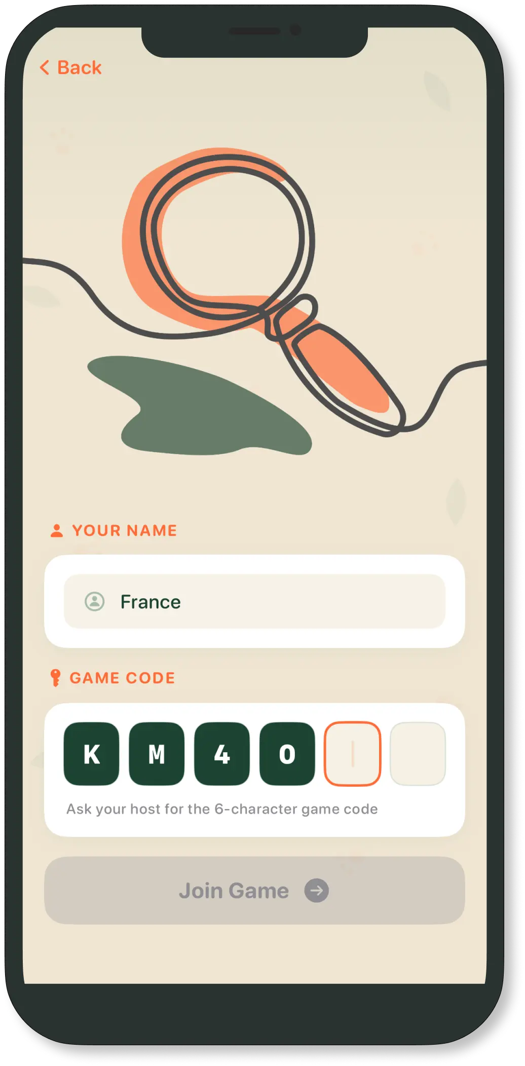 Join Game screen with display name and six-character game code
