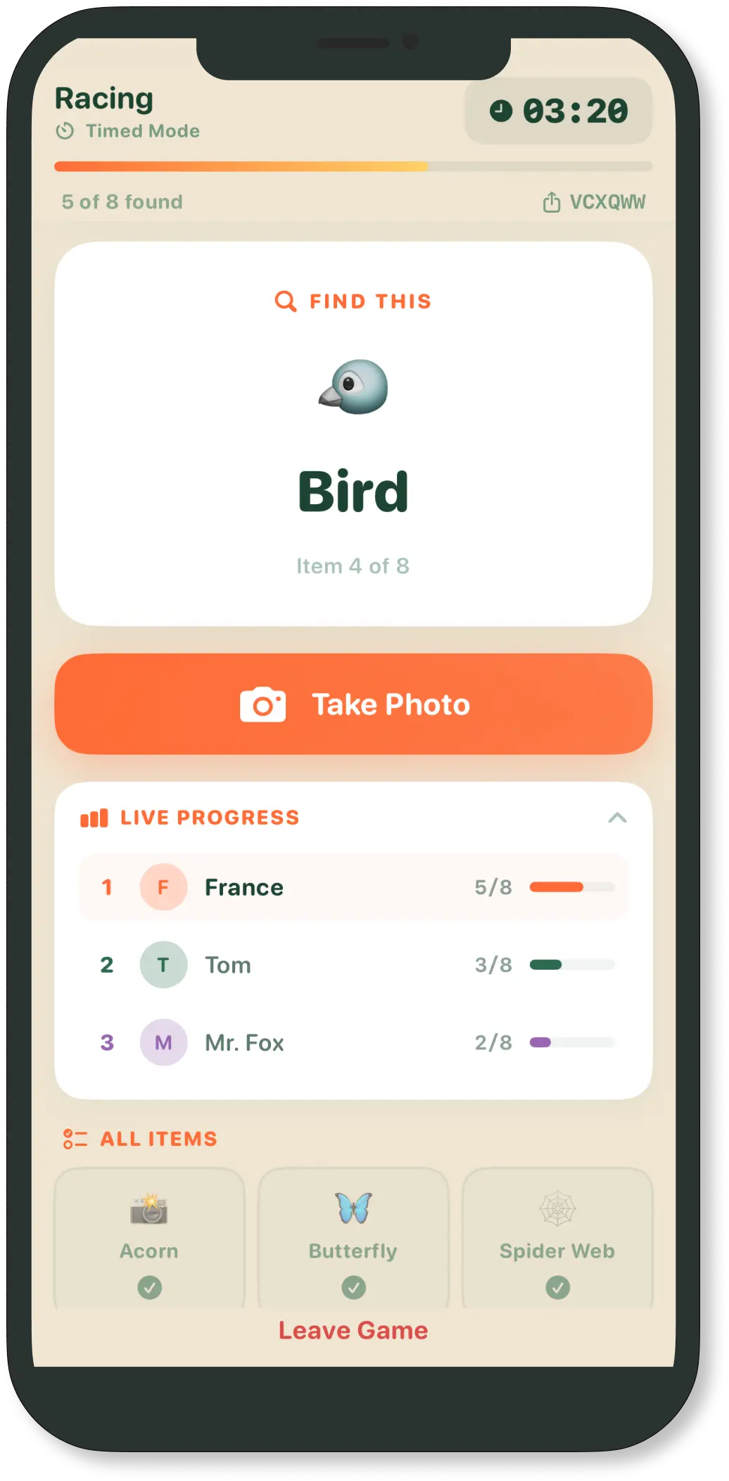 Race mode: photograph the current challenge with live standings below