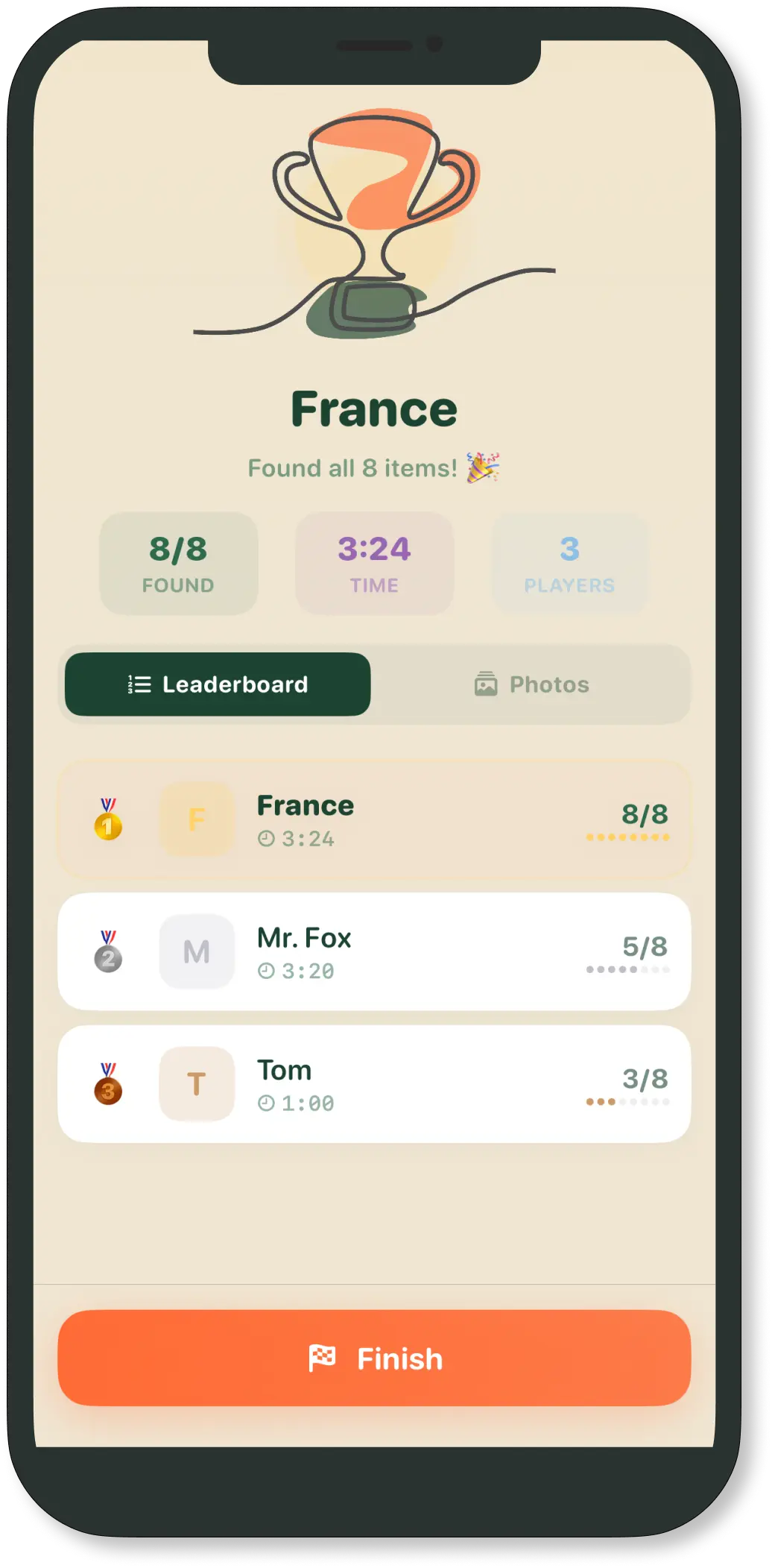Results screen with winner and leaderboard