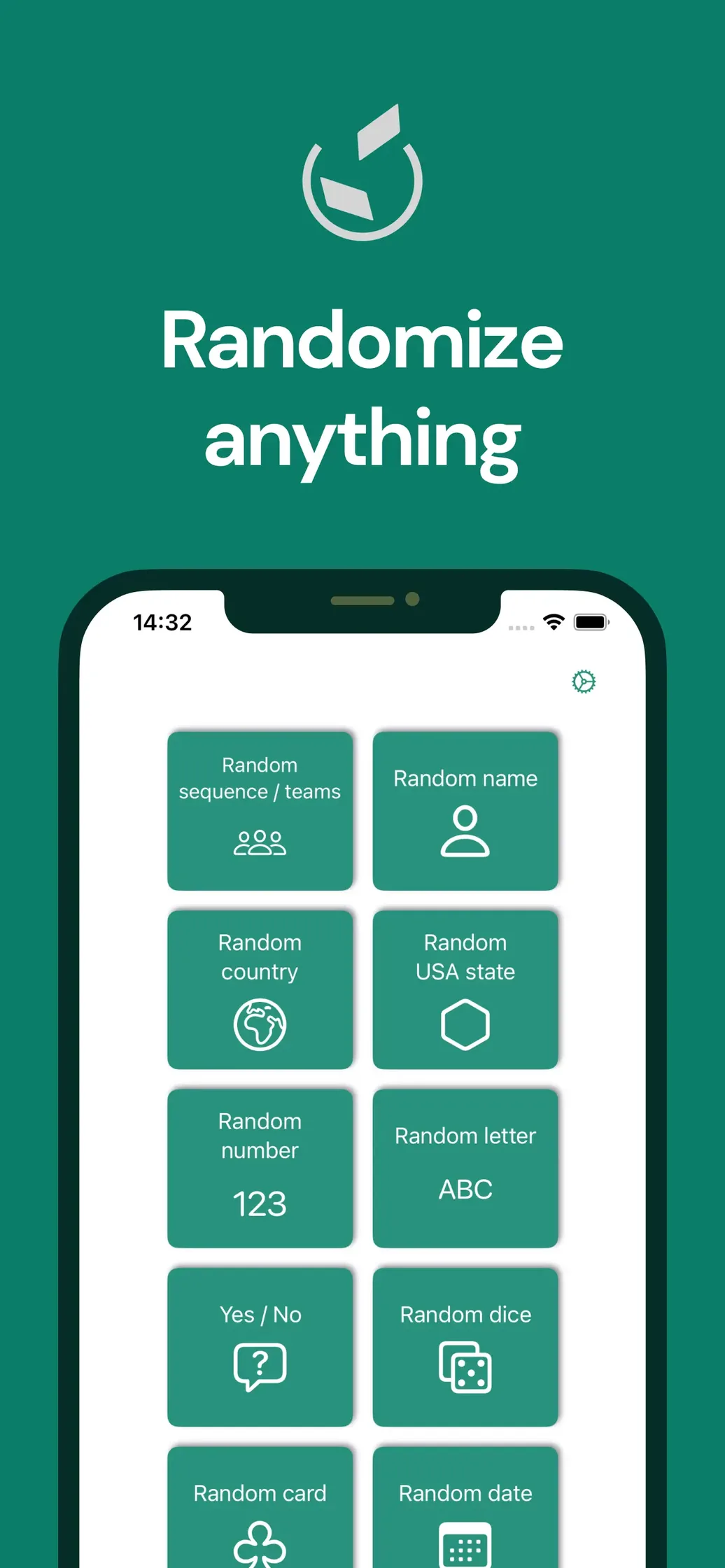 Home screen with the tool grid: teams, name, country, USA state, number, letter, yes/no, dice, card and date