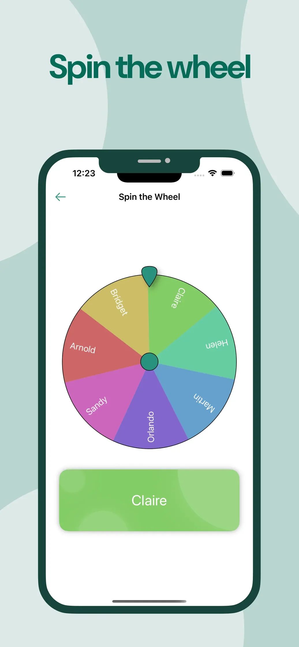 Spin the Wheel with names on a colorful wheel and the winner shown below