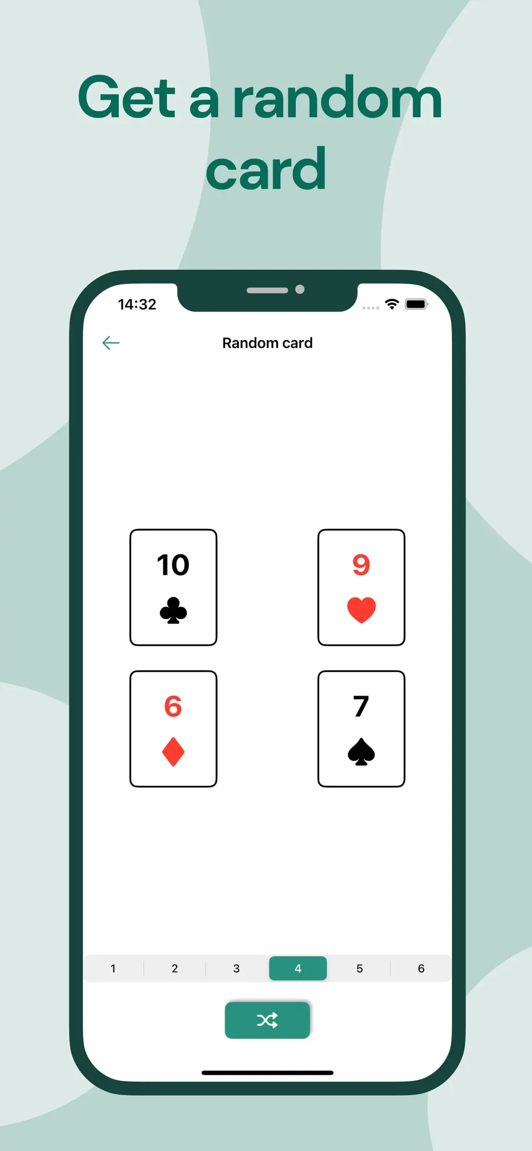 Random card: four playing cards drawn, with a selector for one to six cards