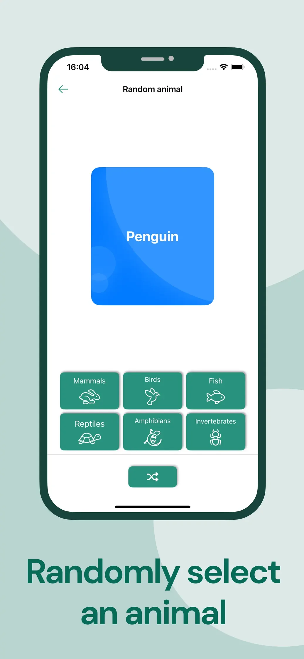 Random animal picker with categories: mammals, birds, fish, reptiles, amphibians and invertebrates