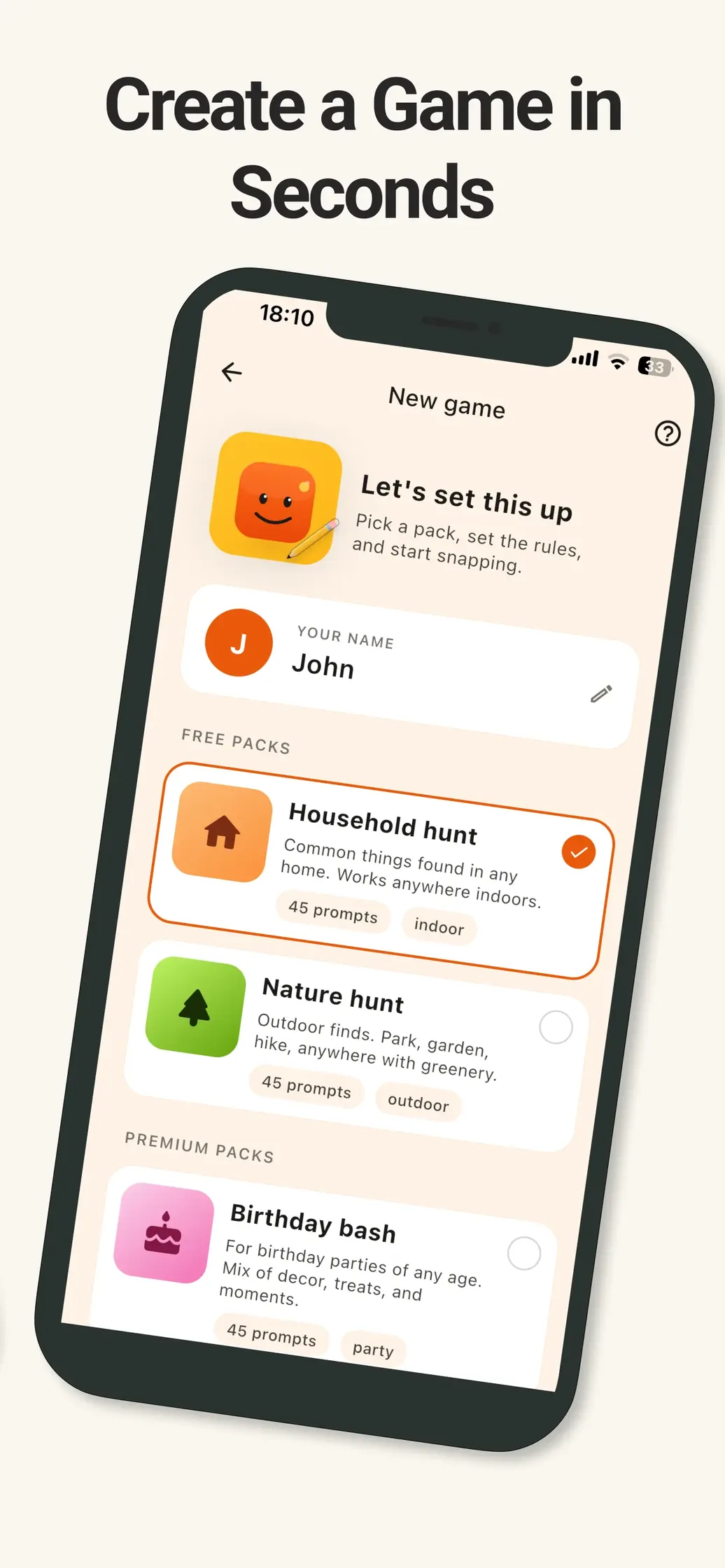 New game screen with free and premium prompt packs like Household hunt and Nature hunt