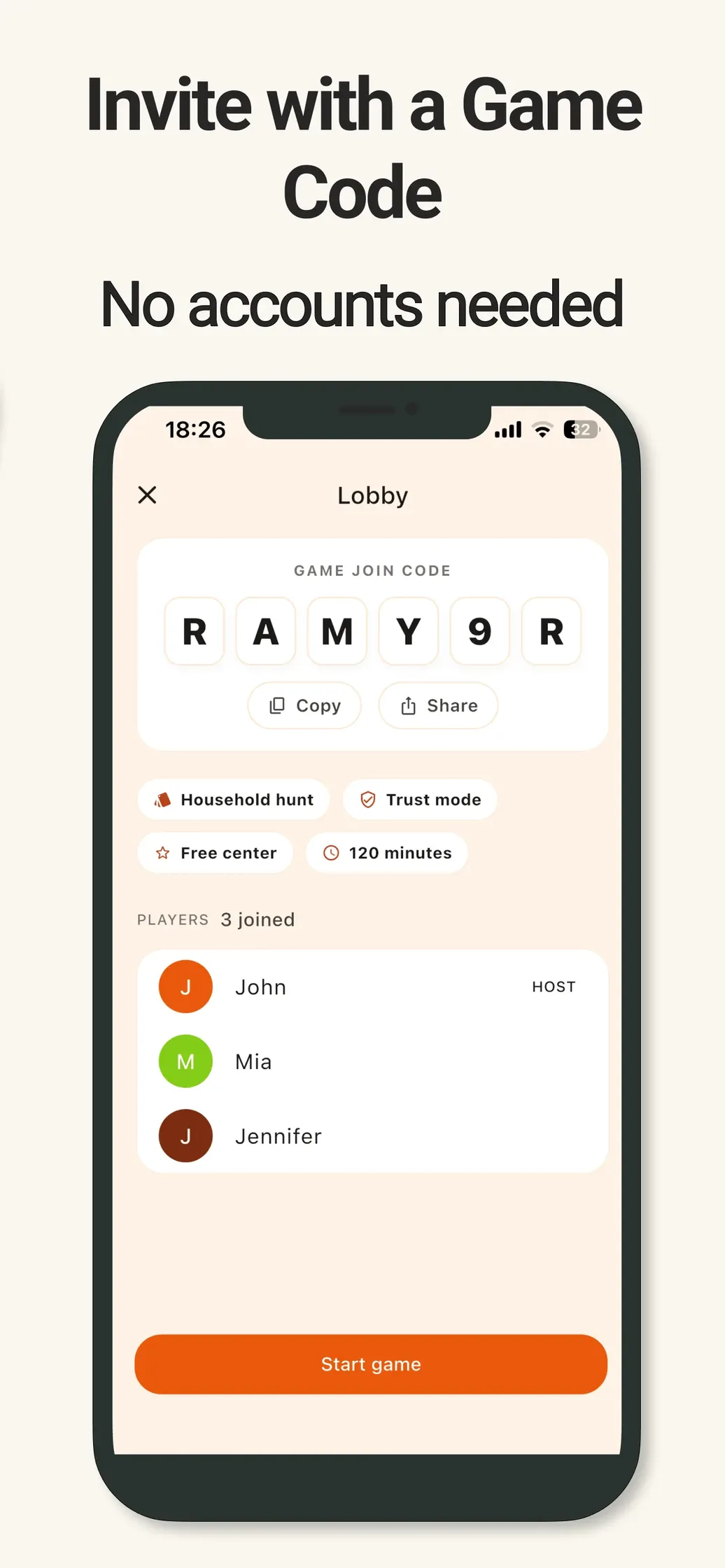 Game lobby with six-character join code, game settings and joined players
